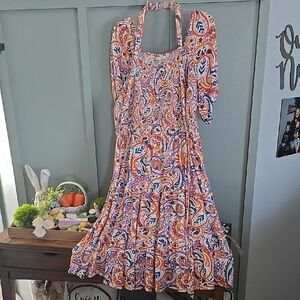 Floral Paisley Cotton Sundress in Pink,Peach and Blue White/Cream Background